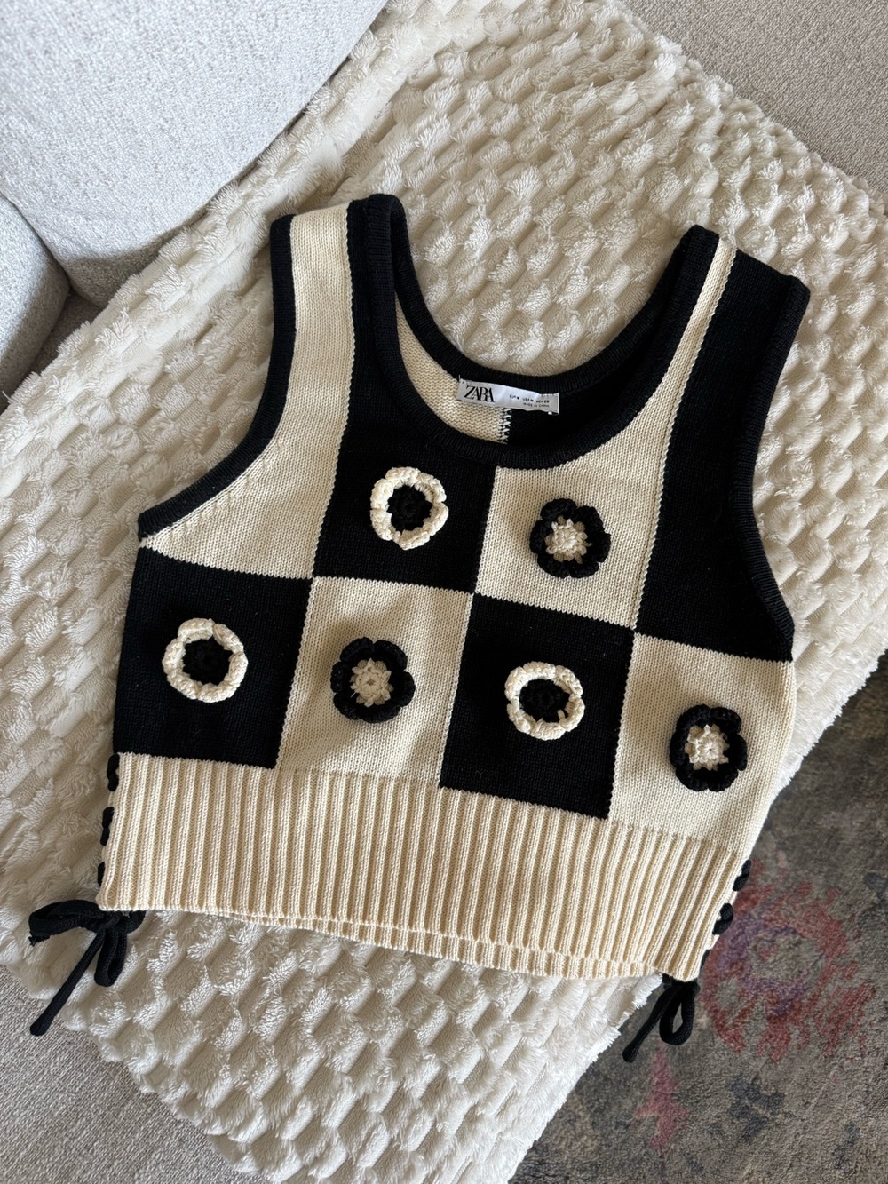 Zara Black and Cream Checker Crochet Flower Crop Tank